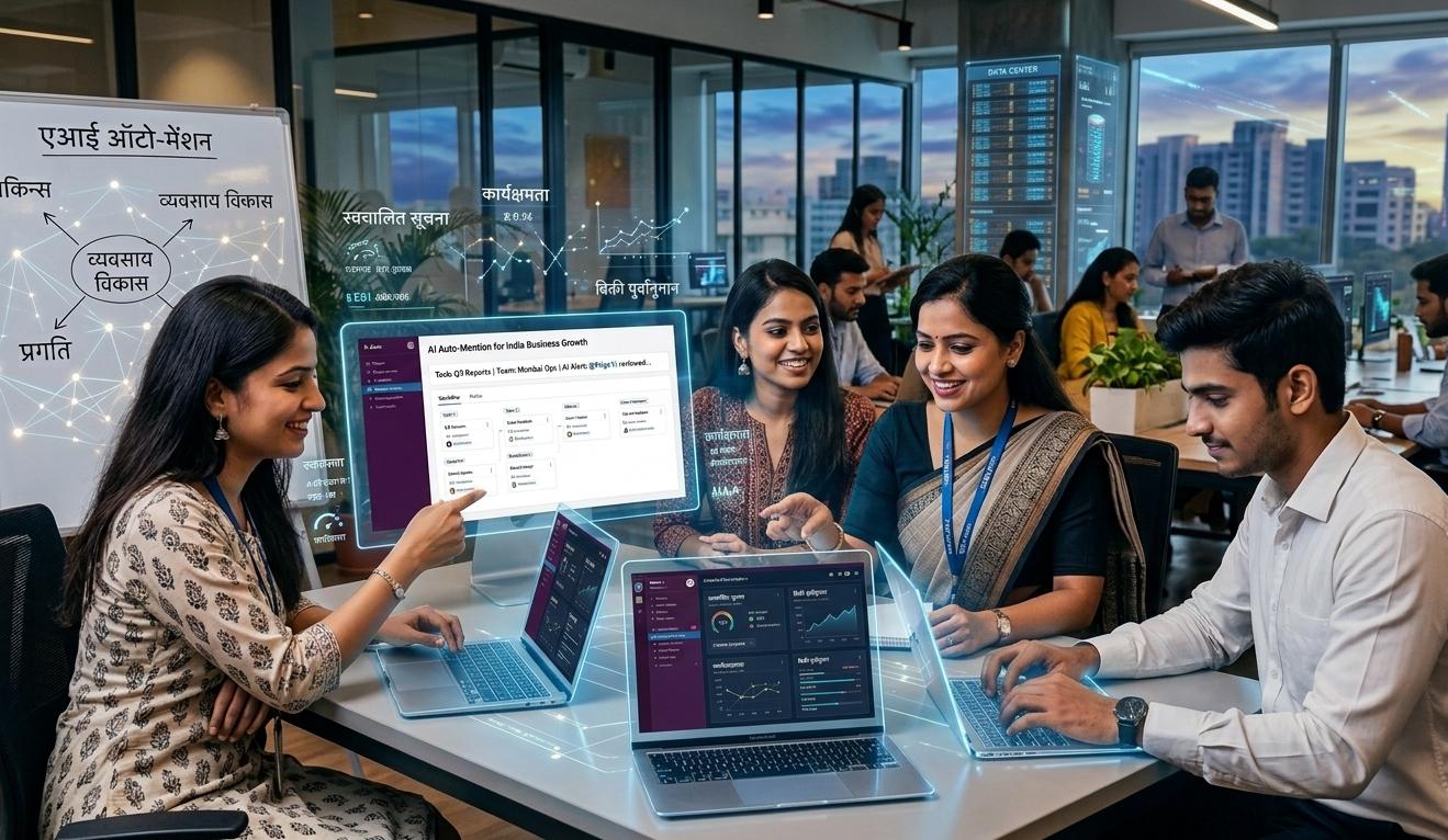 Business team reviewing AI Auto-Mention dashboards and analytics reports on laptops in a modern office setting with city views.