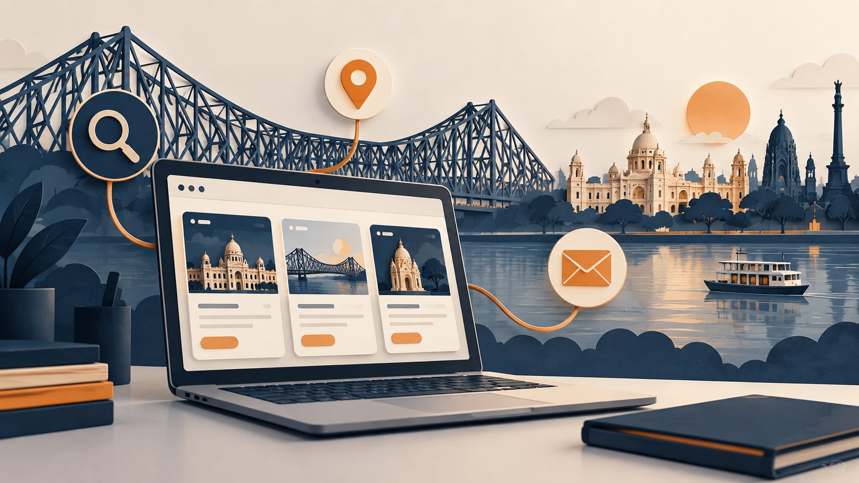 Illustration of a business website, enquiry messages and a location pin with Kolkata’s Howrah Bridge in the background
